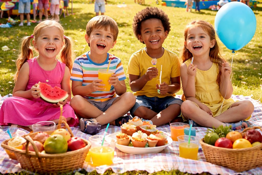 4 lachende Kinder sitzen auf einer Picknickdecke. Um sie herum steht Essen und Trinken.